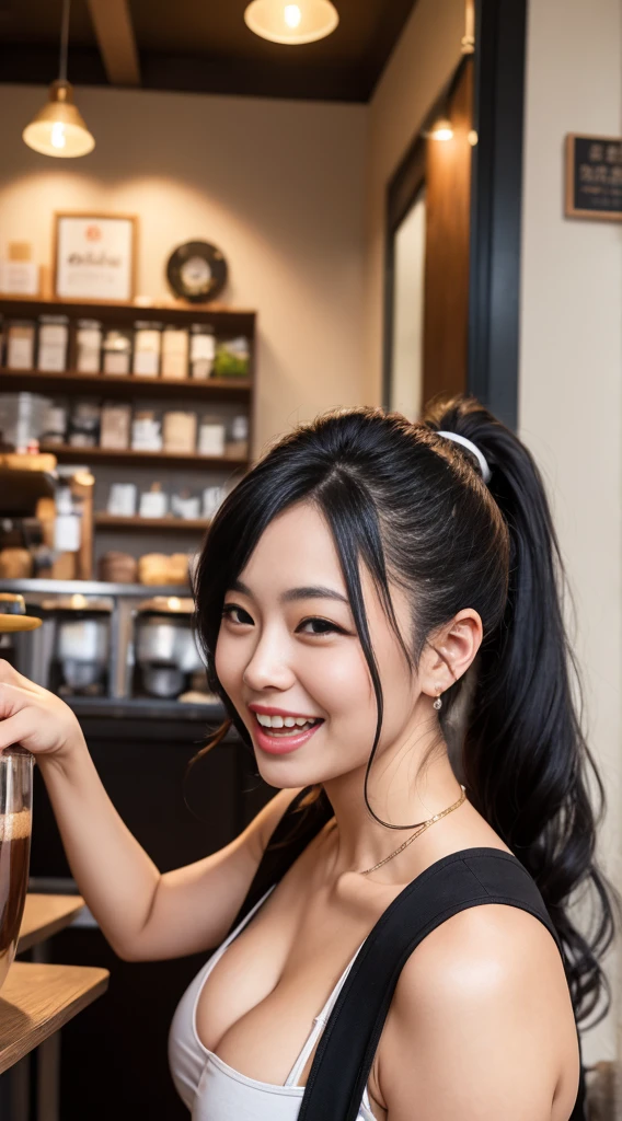 girl, Black Hair, elder sister, Pull up your ponytail，Laugh at someone who is talking, High-quality images, masterpiece, 美丽的girl, Coffee Shop,