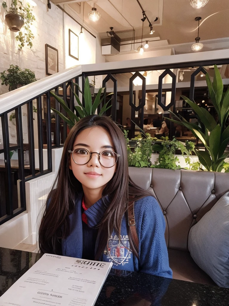 Cute girl with spectacles in a restaurant