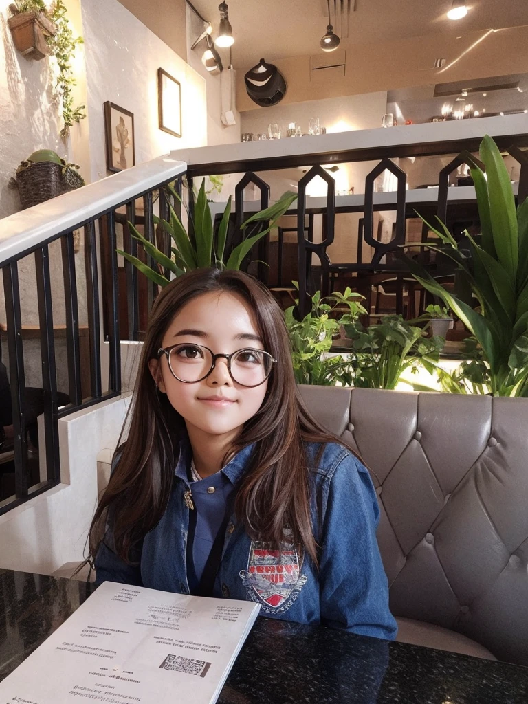 Cute girl with spectacles in a restaurant 