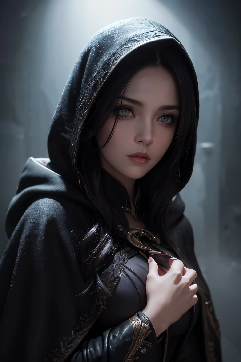 woman in a rogue's cloak, highly mysterious, 1girl, beautiful detailed eyes, beautiful detailed lips, extremely detailed face, long eyelashes, long dark hair, hooded cloak, mysterious expression, dramatic lighting, dark and moody atmosphere, cinematic composition, digital painting, highly detailed, photorealistic, masterpiece, 8k, HDR, chiaroscuro lighting