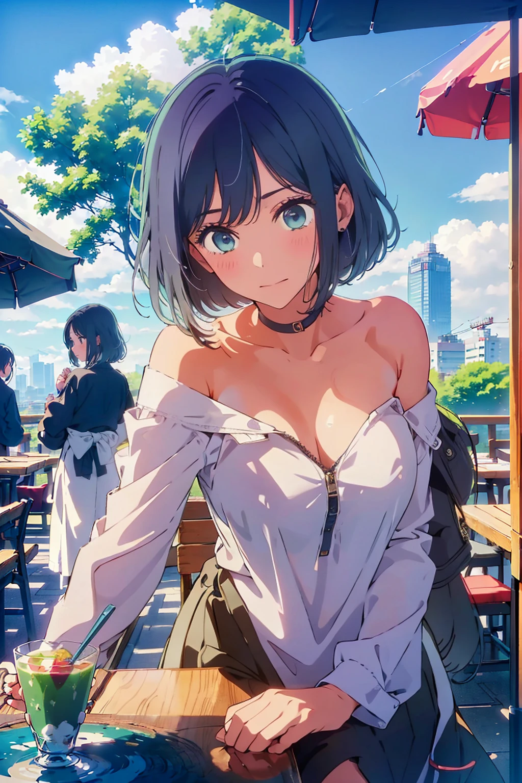 (Highest quality:1.4、8K:1.4、detailed)、F cup bust、Big Breasts、Slim body、Very white beautiful skin、((((1 person、Surprised expression、sit、Chair、In the background are the urban buildings of Tokyo、looking at the camera、Outdoor café terrace、Navy hair color、juice、table、Very cute face))))、((((nude、Areola))))、(Pose with hair tucked behind ear with one hand:1.4、Cheek resting on hand:1.4)、(Off-the-shoulder black blouson with zipper)、((Nipples))、Very blue sky、A completely cloudless sky