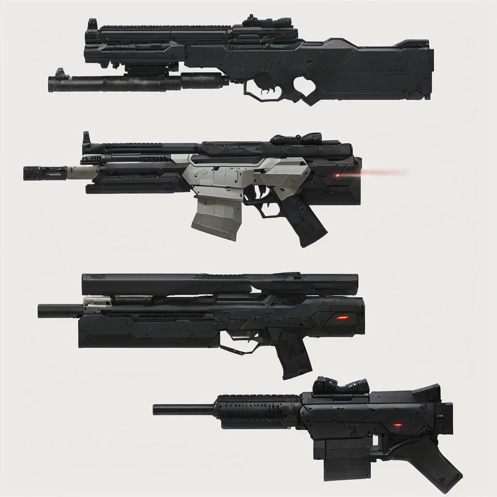 Close-up of four different guns on a white background, Pulse Rifle, Weapon Concept Design, Realistic guns, Realistic Weaponss, Realistic gunsのデザイン, Weapon concept art, Weapon Design, Weapon concept art, Laser Rifle, Weapon array, Starship Troopers Rifle, Pickle Range, MP7, gun art reference, Realistic Weapons, Lots of weapons