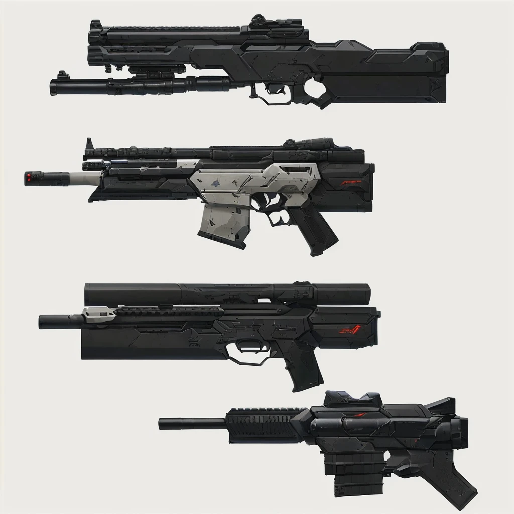 Close-up of four different guns on a white background, Pulse Rifle, Weapon Concept Design, Realistic guns, Realistic Weaponss, Realistic gunsのデザイン, Weapon concept art, Weapon Design, Weapon concept art, Laser Rifle, Weapon array, Starship Troopers Rifle, Pickle Range, MP7, gun art reference, Realistic Weapons, Lots of weapons