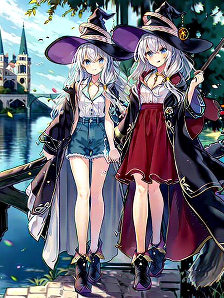 (8K, Highest quality, Highest quality, masterpiece), elaina, color_style_custom, Clothing Type_custom, witch_hat, brooch, boots, broom, wand, long hair, cleavage, smile, denim hot shorts, mini shorts, medium breasts