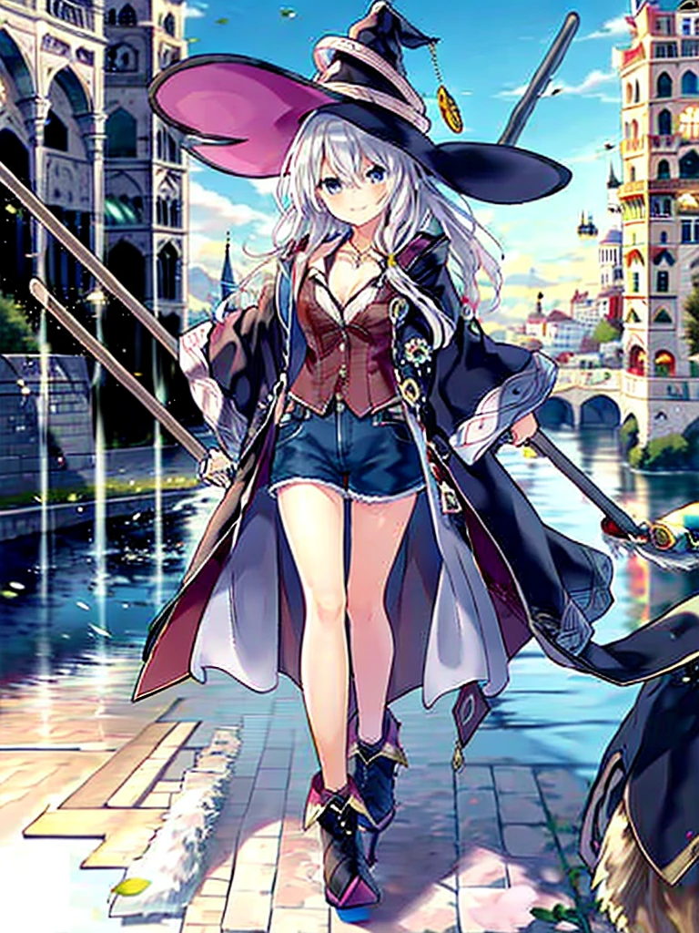 (8K, Highest quality, Highest quality, masterpiece), elaina, color_style_custom, Clothing Type_custom, witch_hat, brooch, boots, broom, wand, long hair, cleavage, smile, denim hot shorts, mini shorts, medium breasts