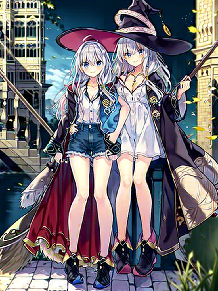 (8K, Highest quality, Highest quality, masterpiece), elaina, color_style_custom, Clothing Type_custom, witch_hat, brooch, boots, broom, wand, long hair, cleavage, smile, denim hot shorts, mini shorts, medium breasts
