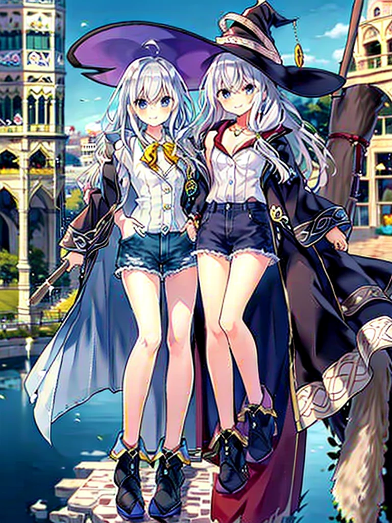 (8K, Highest quality, Highest quality, masterpiece), elaina, color_style_custom, Clothing Type_custom, witch_hat, brooch, boots, broom, wand, long hair, cleavage, smile, denim hot shorts, mini shorts, medium breasts