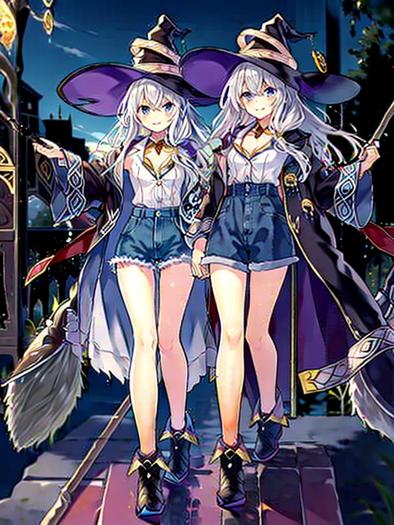 (8K, Highest quality, Highest quality, masterpiece), elaina, color_style_custom, Clothing Type_custom, witch_hat, brooch, boots, broom, wand, long hair, cleavage, smile, denim hot shorts, mini shorts, medium breasts