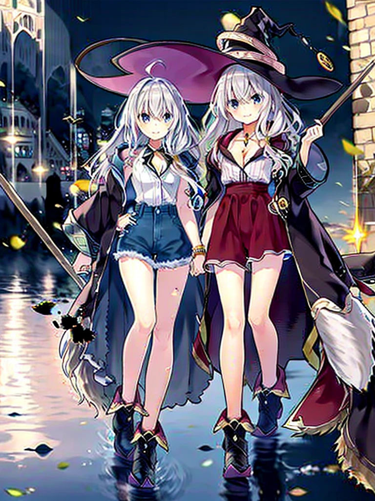 (8K, Highest quality, Highest quality, masterpiece), elaina, color_style_custom, Clothing Type_custom, witch_hat, brooch, boots, broom, wand, long hair, cleavage, smile, denim hot shorts, mini shorts, medium breasts
