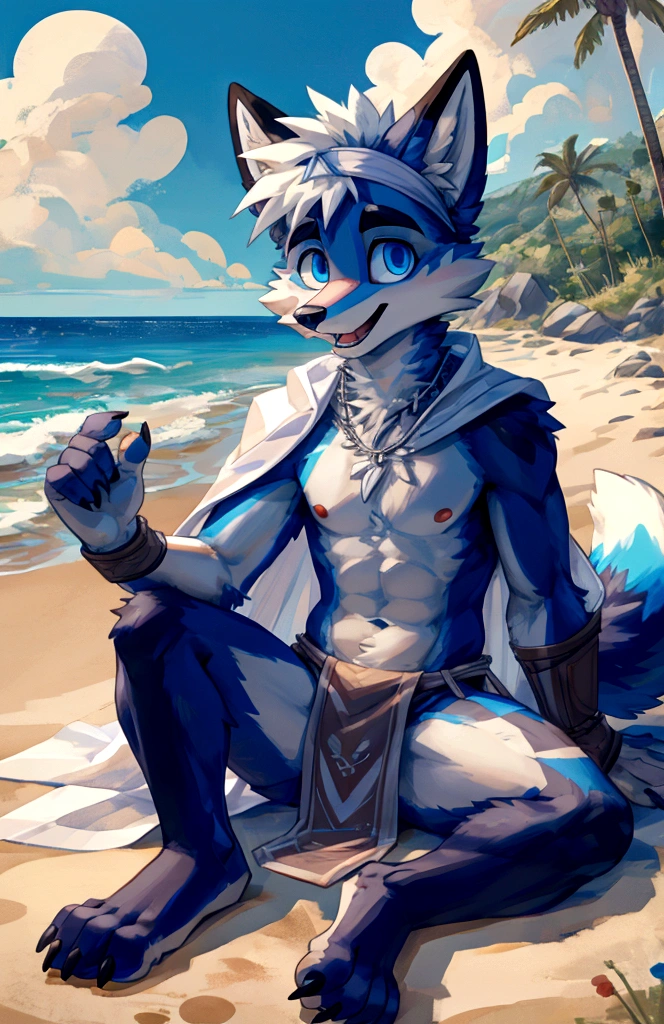 teenanger,solo,freshmen,young people,white hair, nipples,fox, blue eyes, masterpiece, bright blue fur, clean face, blue necklace, thick eyebrows, detailed eyes, anthro, claw, (white headband),white hands,white feet,white cape,outdoor,open mouth,looking at viewer,wrist guard,seaside,white loincloth,trees,full body,sit
