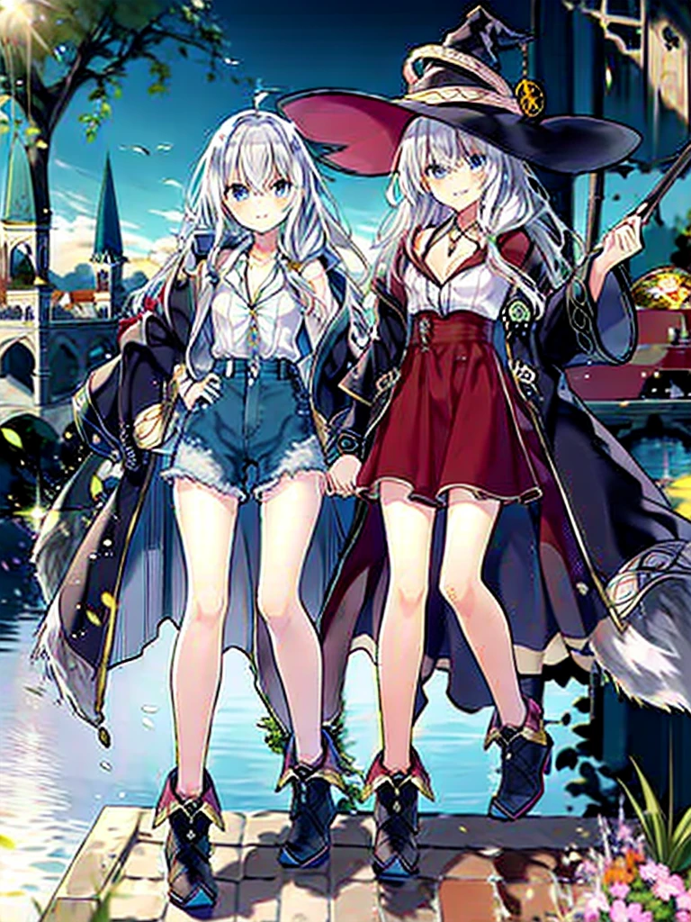 (8K, Highest quality, Highest quality, masterpiece), elaina, color_style_custom, Clothing Type_custom, witch_hat, brooch, boots, broom, wand, long hair, cleavage, smile, denim hot shorts, mini shorts, medium breasts