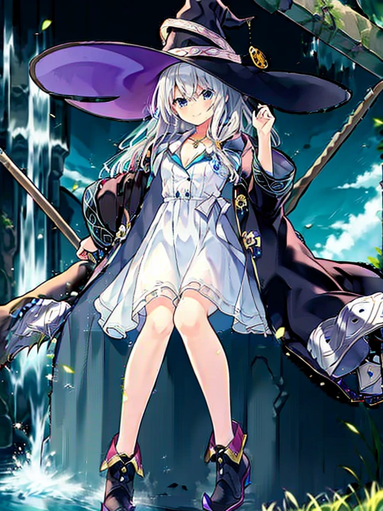 (8K, Highest quality, Highest quality, masterpiece), elaina, color_style_custom, Clothing Type_custom, witch_hat, brooch, boots, broom, wand, long hair, cleavage, smile, denim hot shorts, mini shorts, medium breasts