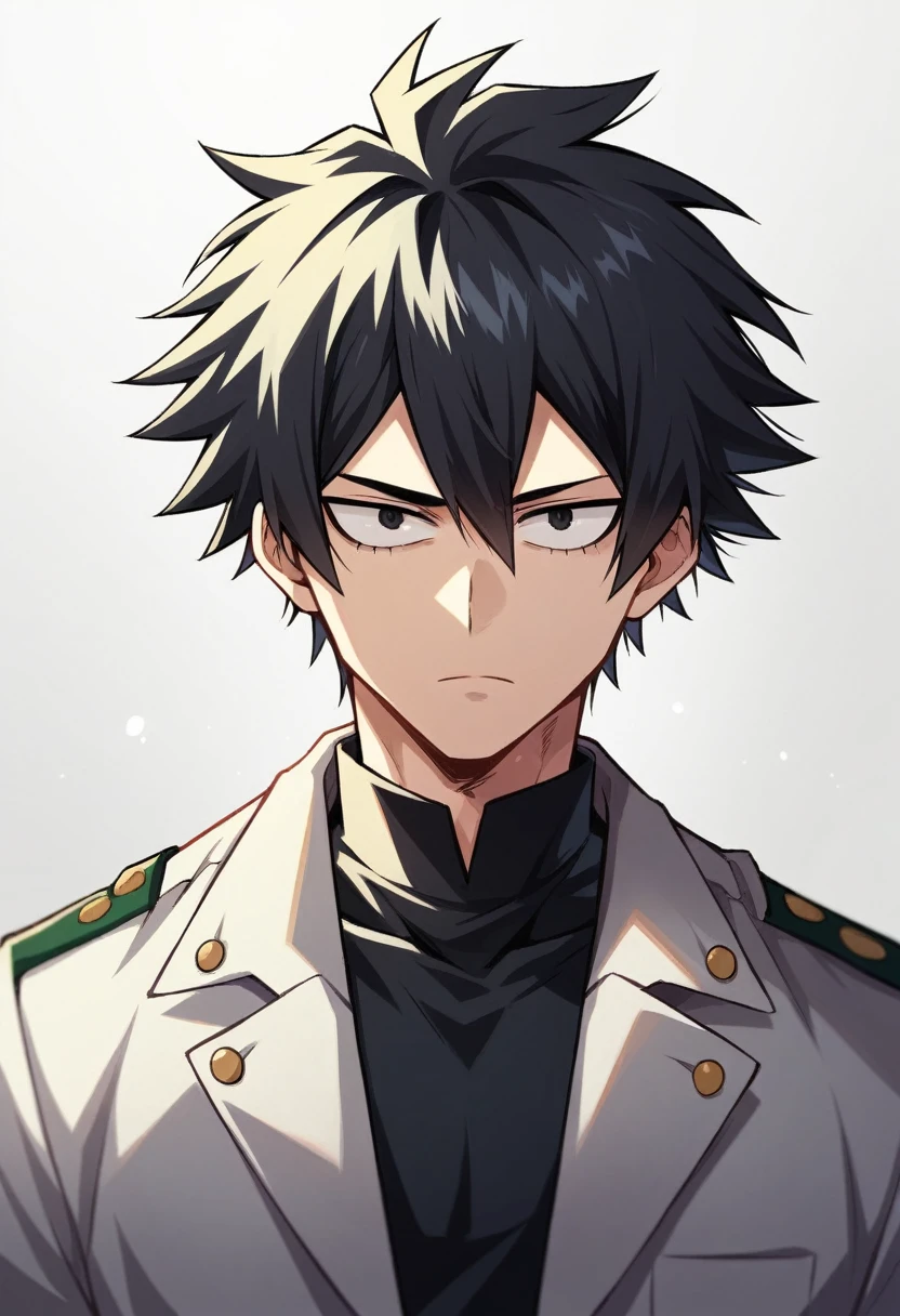A high boy, handsome, perfect body, black hair, short hair, mullet black eyes, expressionless, black shirt, black jacket, anime, first-person view, My Hero Academia art style, masterpiece, anatomically correct, high details, highres, best quality, super detail, 1080P