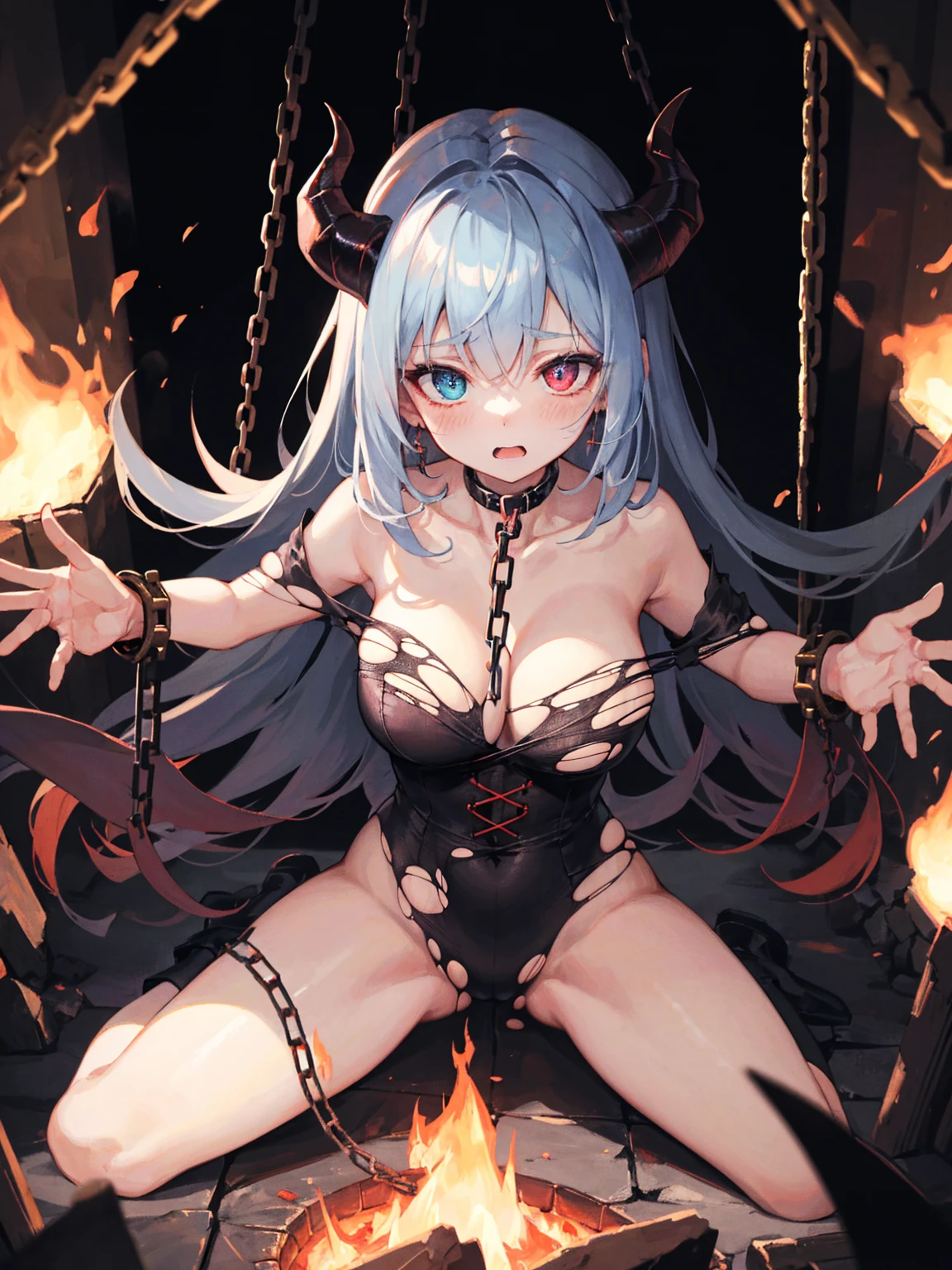 An outstanding painting of a beautiful white girl, flaming, surrounded by flames, burning hell, lava landscape, ashes, souls, demonic, diablo altar, fire girl style, the underworld, ghost knife style, fire-like hair, long red hair, (hair over one eye), (heterochromia), large breasts, detailed collarbone, perfect collarbone, watery blue big eyes, (demon horns:1.3), thin waist, wide hips, magic colors, Ultra HD, 8K, real skin texture, best light, best shadow, action, wizarding world small mouth, Small nose, big eyes, cute, (restrained:1), (chains:1), (chained_up:1.3), handcuffed, open arms, spread arms, hand being chained up, violence, abused, slave, slavery, (hanging_up:1.3), spread legs, open legs, legs being chained up, (legs_being_spread_open:1), (rape:1.3), (sex_slave:1), (torn_clothes:1.3), clothes being torn open