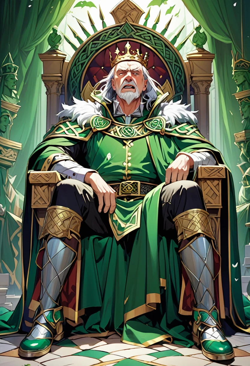 An old king sitting on his throne in agony、Celtic legends、Shakespeare's storybook world、