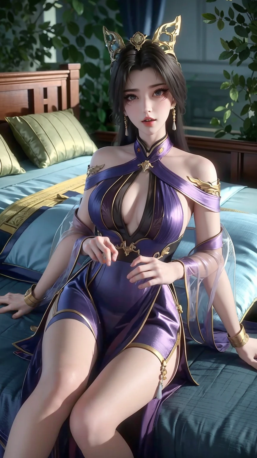 一个女孩Lying in bed，Dressed in suspender pajamas，Face up，Raise your legs slightly，Front view super detailed beautiful big breasted girl . Ultra HD, 4K, 8K, Movie，whole body，Lying down，Long legs，Very big breasts，whole body捕捉，（（（Lying in bed））），（（（whole bodyLying in bed））），big bed，Off-shoulder，Shoulder-length skirt，Lying in bed，Sleeping on the pillow，Lying down，Headrest pillows，（（（平Lying in bed））），whole body平Lying in bed