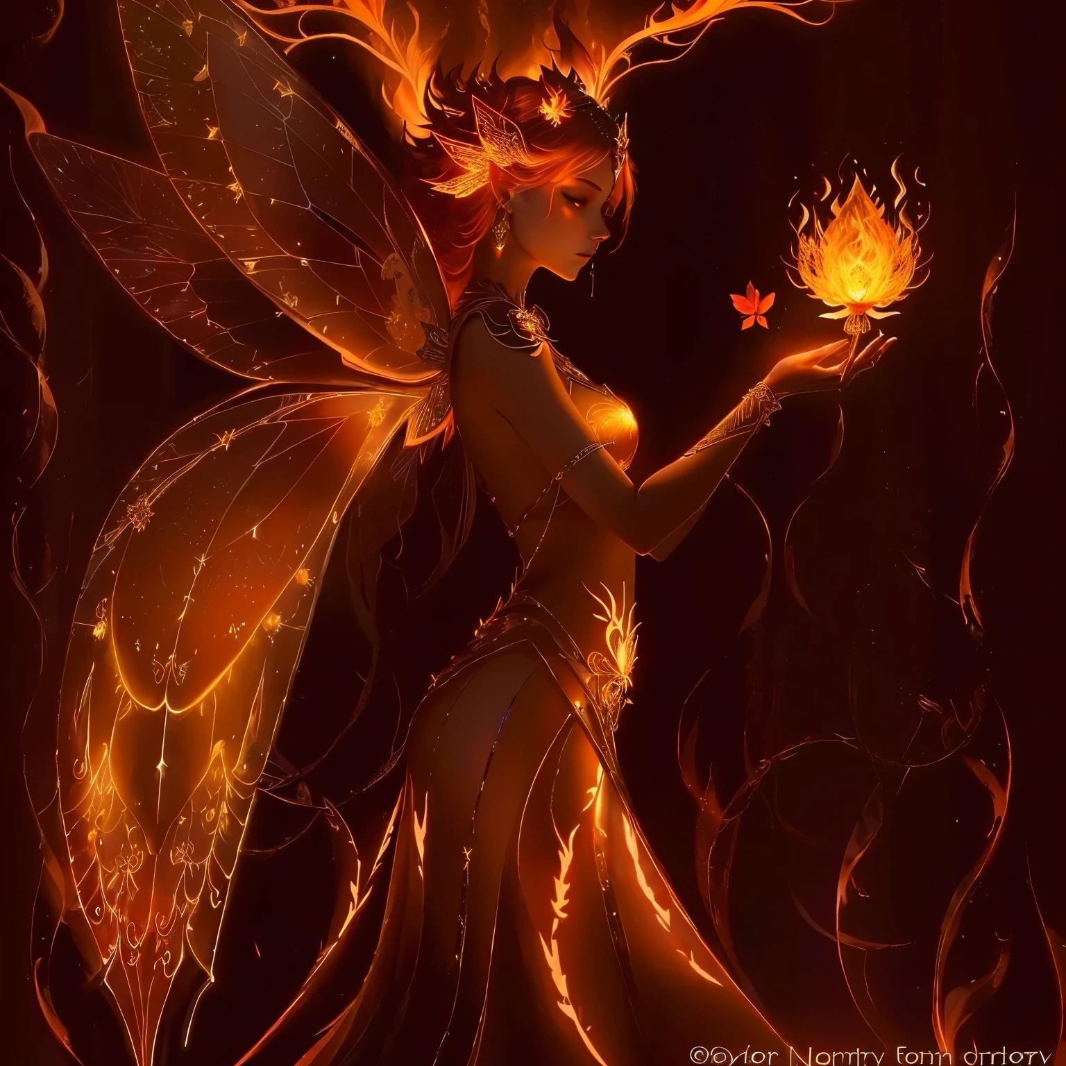 there is a woman holding a glowing flower in her hand, the butterfly goddess of fire, fire goddess, fire rages around her, her eyes glow ember, she is encased in a black diamond, goddess of fire, appears as the fire goddess, glowing amber, faerie, glowing angelic being, with fiery golden wings, the fire goddess, with fiery golden wings of flame, the fire queen, goddess of light, astral fairy, fairy, fey magical lighting