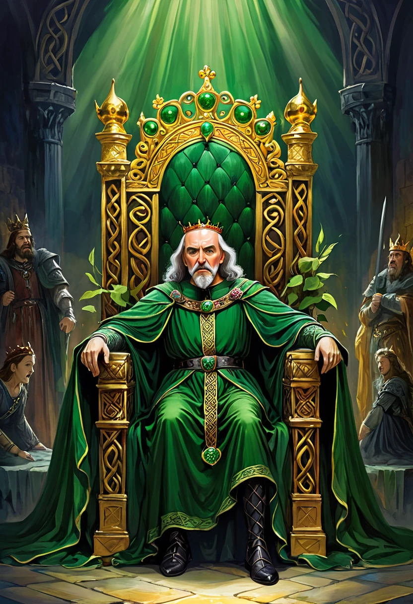 An old king sitting on his throne in agony、Celtic legends、Shakespeare's storybook world、