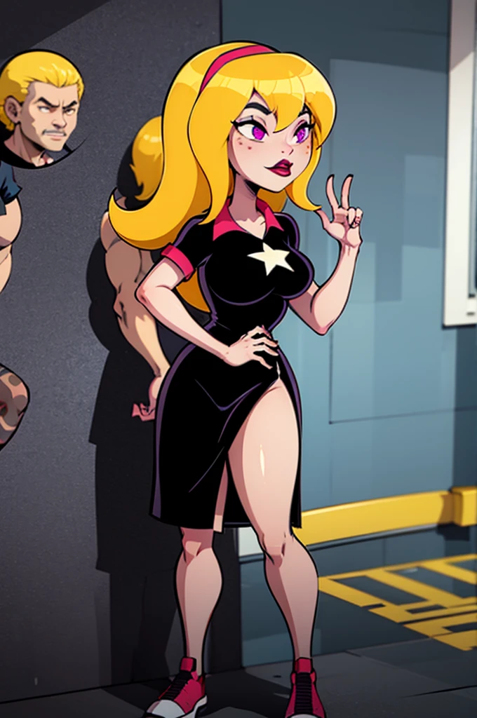 yellow hair, black dress, freckles, lipstick, big , purple eyes, Lucy Mann, big ass, seductive pose, solo, tight outfit, masterpiece, high quality, humanoid