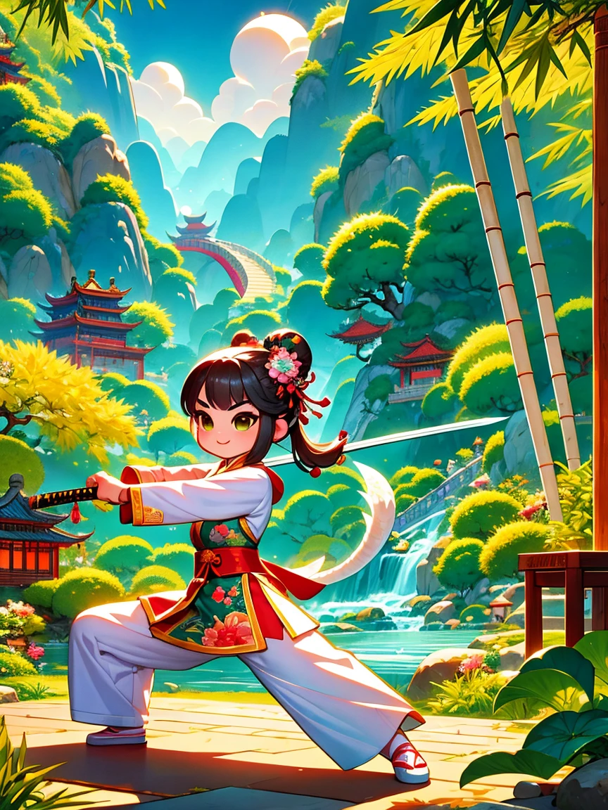 Imagine a vector illustration on the theme of Chinese martial arts, Presenting a lovely, Cartoon Style. A young martial arts hero，Standing among the mountains and rivers of China, His posture is graceful and light, With a smile on your face, Holding an exquisite short sword. The hero is dressed in bright colors, Uniquely designed traditional clothing, Embroidered with dragon and phoenix patterns，Show rich Chinese cultural elements. Surrounded by vivid scenery, A few floating clouds and one or two green bamboos, Add a fresh and natural atmosphere to the scene. The whole setting retains the mystery of the martial arts story，At the same time, it incorporates modern, Cute cartoon elements, Make the scene both traditional and interesting，(Ultra HD, Anatomically correct, masterpiece, precise, best quality, 8K), Vector martial arts illustration