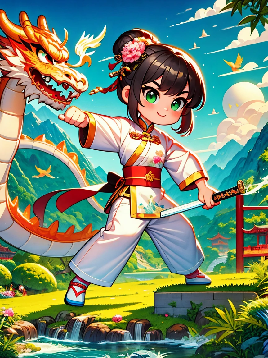 Imagine a vector illustration on the theme of Chinese martial arts, Presenting a lovely, Cartoon Style. A young martial arts hero，Standing among the mountains and rivers of China, His posture is graceful and light, With a smile on your face, Holding an exquisite short sword. The hero is dressed in bright colors, Uniquely designed traditional clothing, Embroidered with dragon and phoenix patterns，Show rich Chinese cultural elements. Surrounded by vivid scenery, A few floating clouds and one or two green bamboos, Add a fresh and natural atmosphere to the scene. The whole setting retains the mystery of the martial arts story，At the same time, it incorporates modern, Cute cartoon elements, Make the scene both traditional and interesting，(Ultra HD, Anatomically correct, masterpiece, precise, best quality, 8K), Vector martial arts illustration