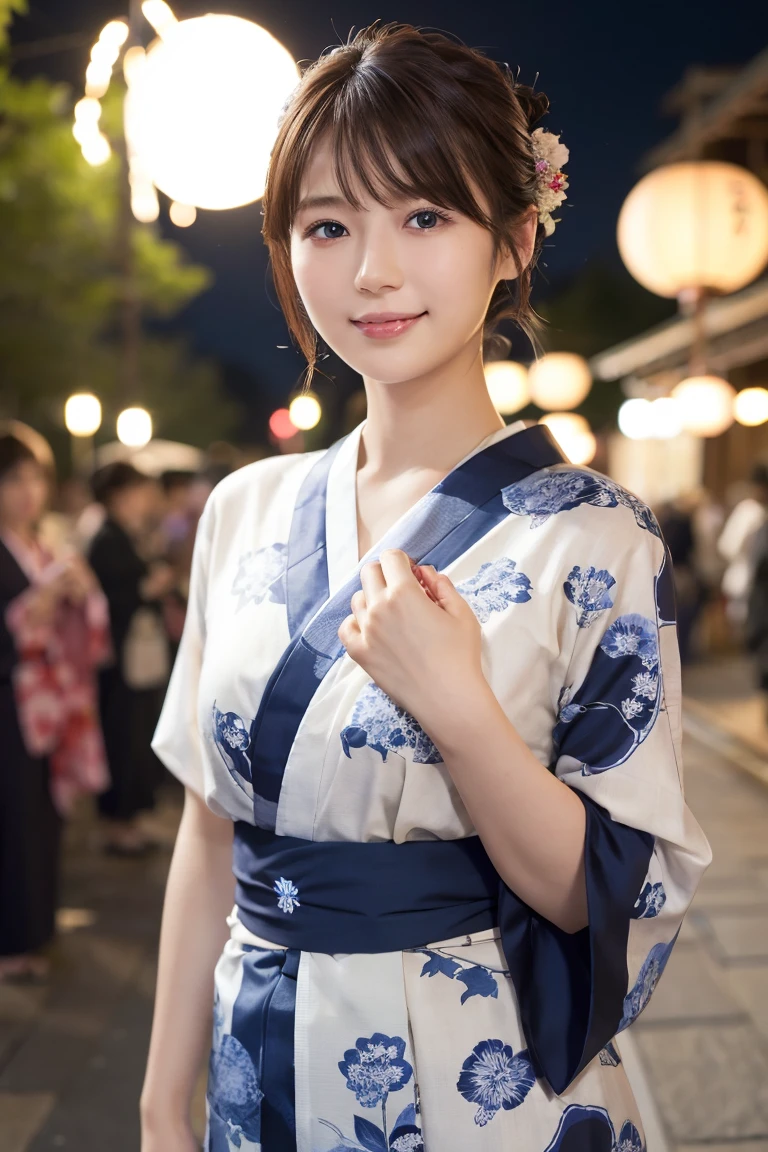 1 Girl,Bust up shot、I came to the Kyoto Fireworks Festival..、{{hair ornaments、There are fireworks in the background、Waist up shot、Drooling eyes、Droopy eyes、Hair tied up、Hair Bun}:1.4}、Snapshots of the night fireworks festival、 {{Very clear and delicate blue eyes}}、(Japanese Kimono、Traditional Japanese yukata from the Showa period, Usually navy blue with floral print :1.2), (RAW Photos, highest qualそれy), (Realistic, Realistic:1.4), Tabletop, Very delicate and beautiful, Very detailed, 2k wallpaper, wonderful, finely, Very detailed CG Unそれy 8K 壁紙, Very detailed, High resolution, Soft Light, Beautiful detailed girl, Very detailed目と顔, Beautiful and sophisticated nose, finelyて美しい目, Cinema Lighting, Perfect Anatomy, Slender body, Was nervous,
short hair, bangs, Looking at the audience, smile