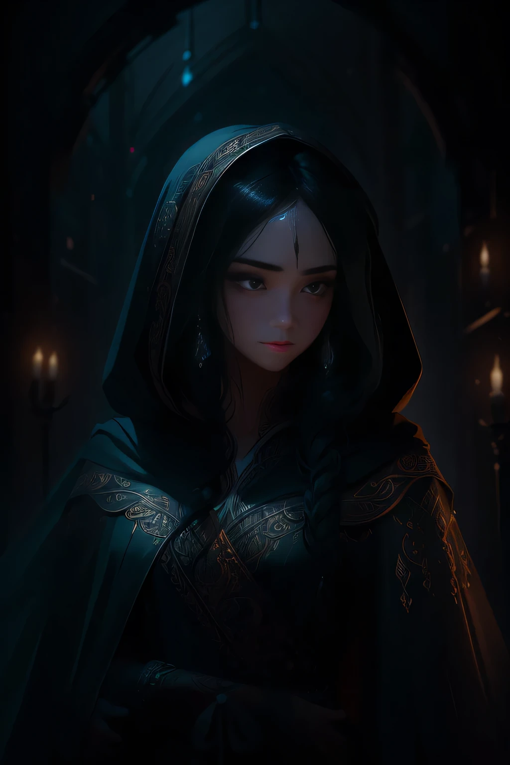 In an exquisite 8K, 16:9 digital painting, the image unfolds a captivating story of a solitary, beautiful woman cloaked in the shadows. The woman, adorned with long, dark tresses that cascade down her back, wears a rogue's cloak with an intricate, mysterious pattern, its edges subtly blending with the dim surroundings.
Her face, a canvas of unparalleled beauty, is an intricate blend of exquisite features - deep, mysterious eyes that seem to hold secrets within their depths, full, luscious lips that speak of hidden stories, and long, thick eyelashes that cast dramatic