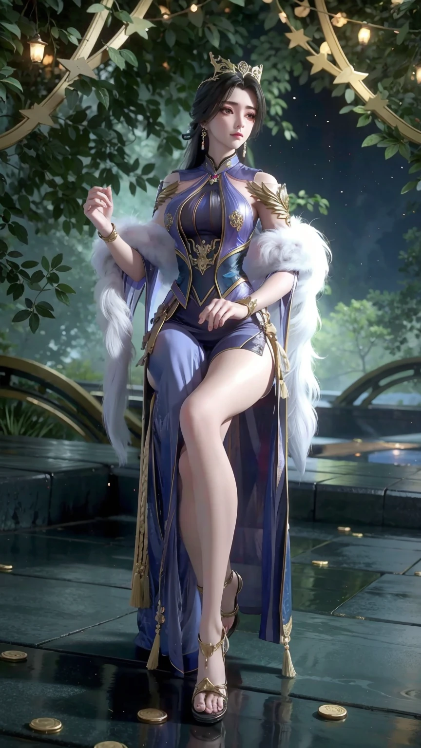 Cartoon woman kneeling on the starry sky, Water splashes at the knees,CG Social Trends, Smooth anime CG art, Starry sky background,Full body view,Royal sister kneeling posture