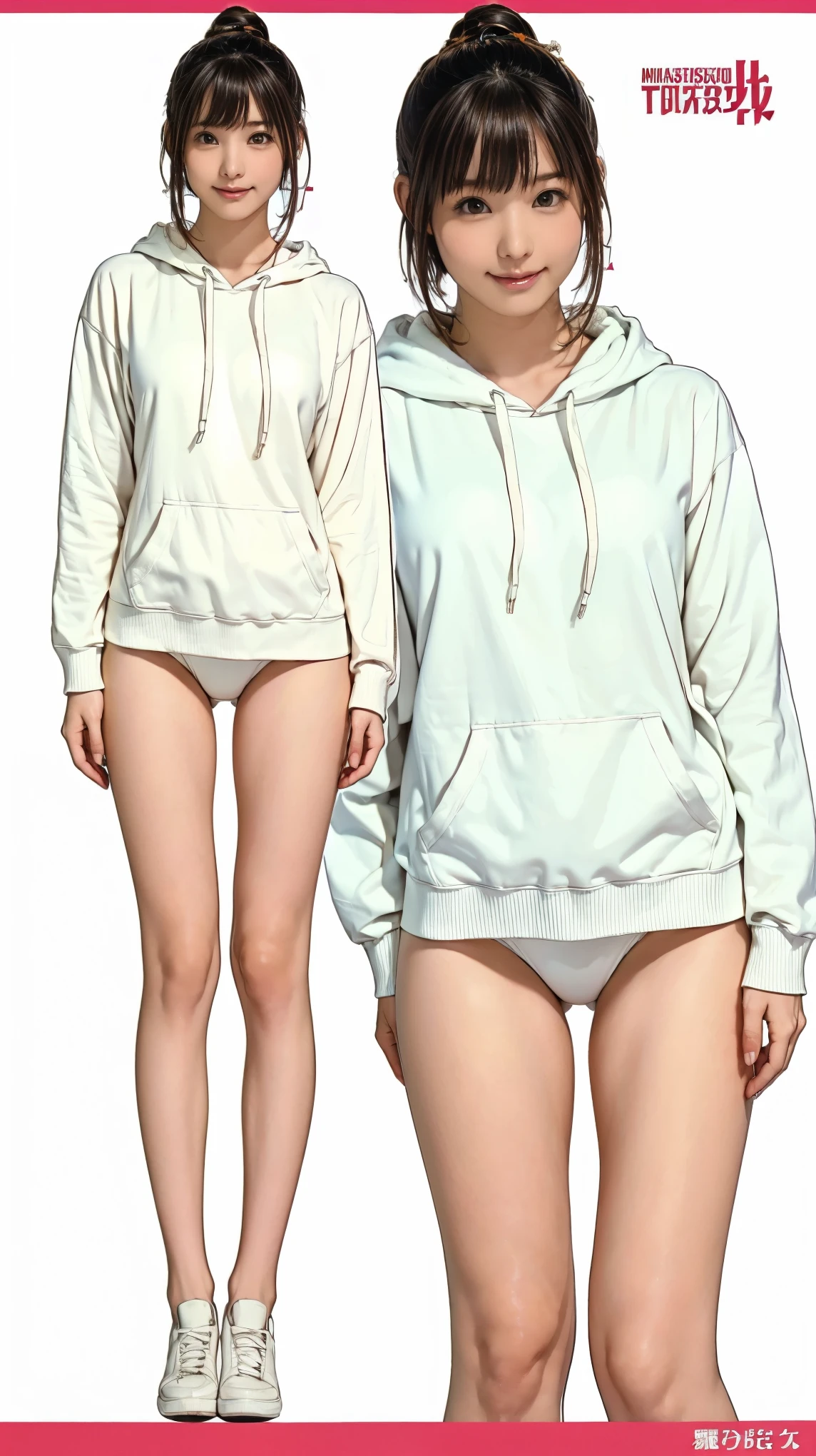 ((masterpiece)),(((Highest quality))),((Character design sheet)), Thin thighs,Long legs,18 year old Japanese girl, Cute type,The best smile:1.5、white long hoodie:1.5, Black panties peek:1.5,Short cut side wave ,
