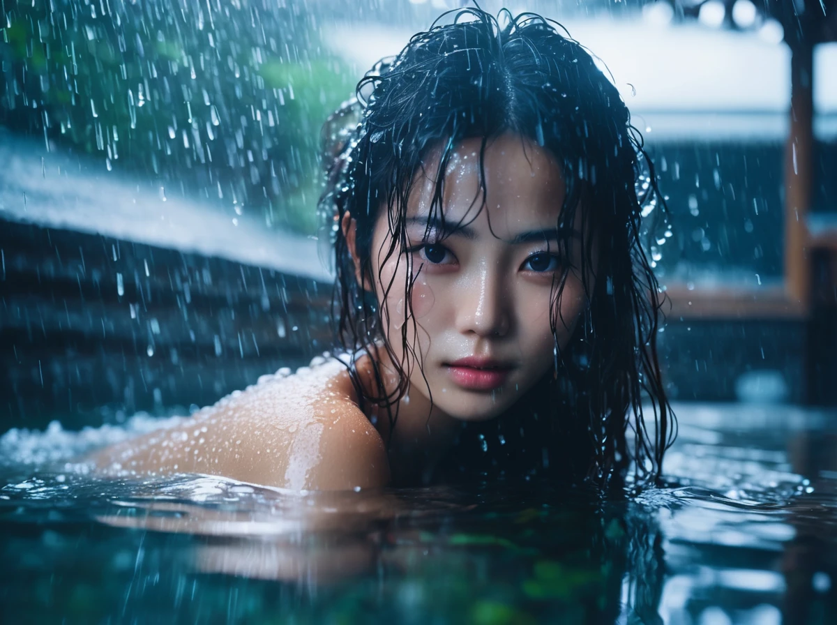 1girl with moist skin,(soaked hair:1.2),(fog:1.2),mist,torogao,shiny skin,glossy skin,(partially submerged in pool:1.2),(wet hair:1.2),showering,rainfall,soaked in water,moisture,(Japanese hot spring:1.4),(Cinematic light:1.2),darknight,clear background,kodak Portra 400,landscape/scenery,against backlight at dusk,beautiful detailed water,cowboy shot,extremely beautiful eyes,, best quality, masterpiece, highres, absurdres, incredibly absurdres, huge filesize, wallpaper, colorful,8K,RAW photo