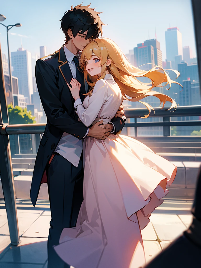 Boy and girl, two people, uniform, high school students, lovey-dovey, couple, smile, handsome, beautiful, soft, outside, city