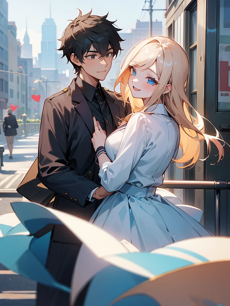 Boy and girl, two people, uniform, high school students, lovey-dovey, couple, smile, handsome, beautiful, soft, outside, city