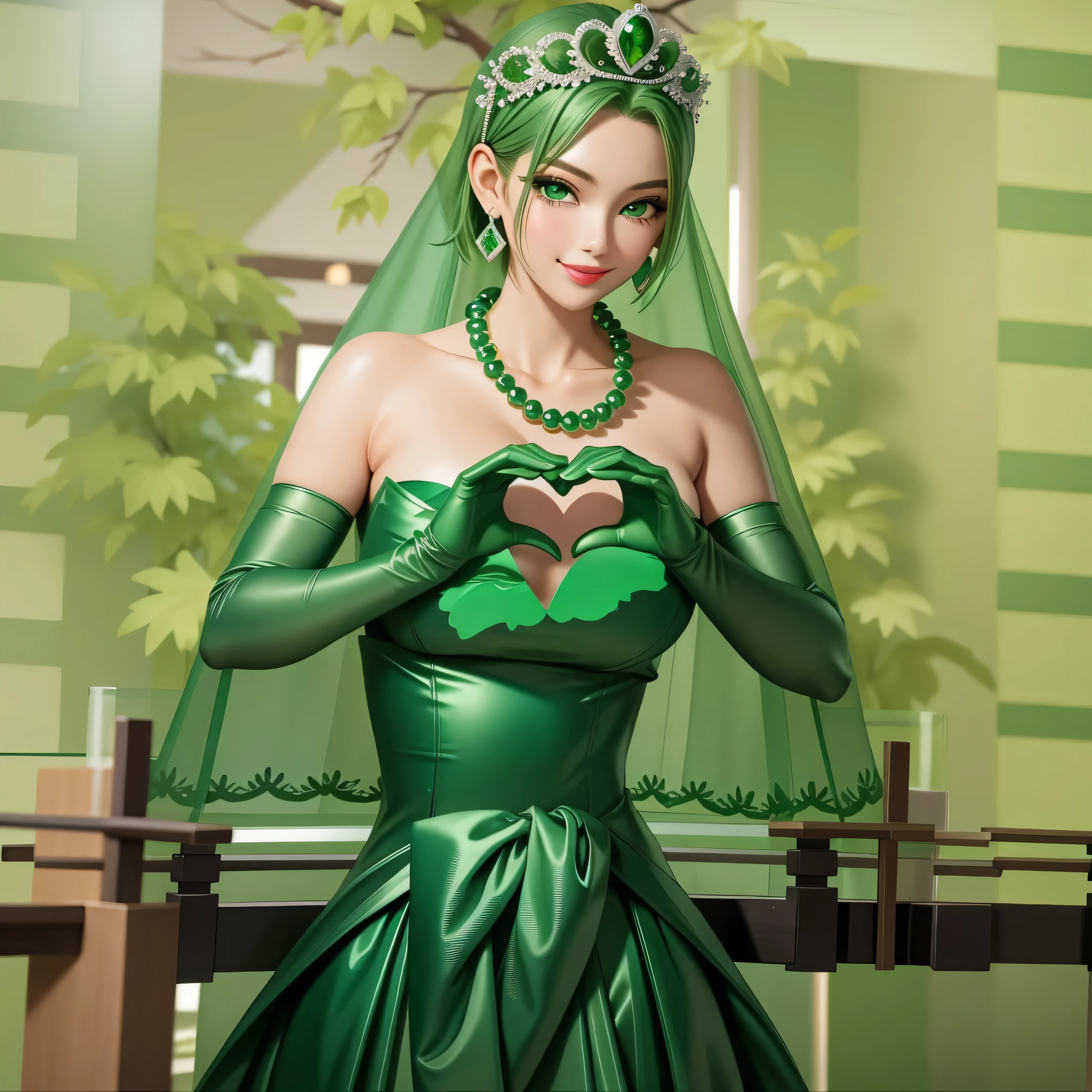 emerald tiara, Green Pearl Necklace, Boyish very short green hair, Green Lips, Smiling Japanese woman, Very short hair, beautiful lady, Green Eyes, Green satin long gloves, Green Eyes, Emerald Earrings, Green veil, Heart with both hands, Heart shaped hands, Green Hair, Beautiful Japanese Woman, green lip gloss