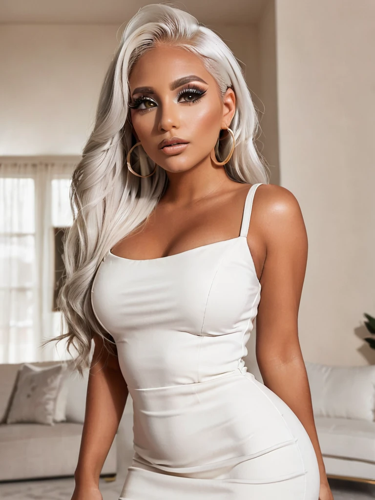 Woman with platinum hair, deeply tanned, white tight dress, extremely high heels, thick makeup, huge eyelashes, gigantic hoop earrings