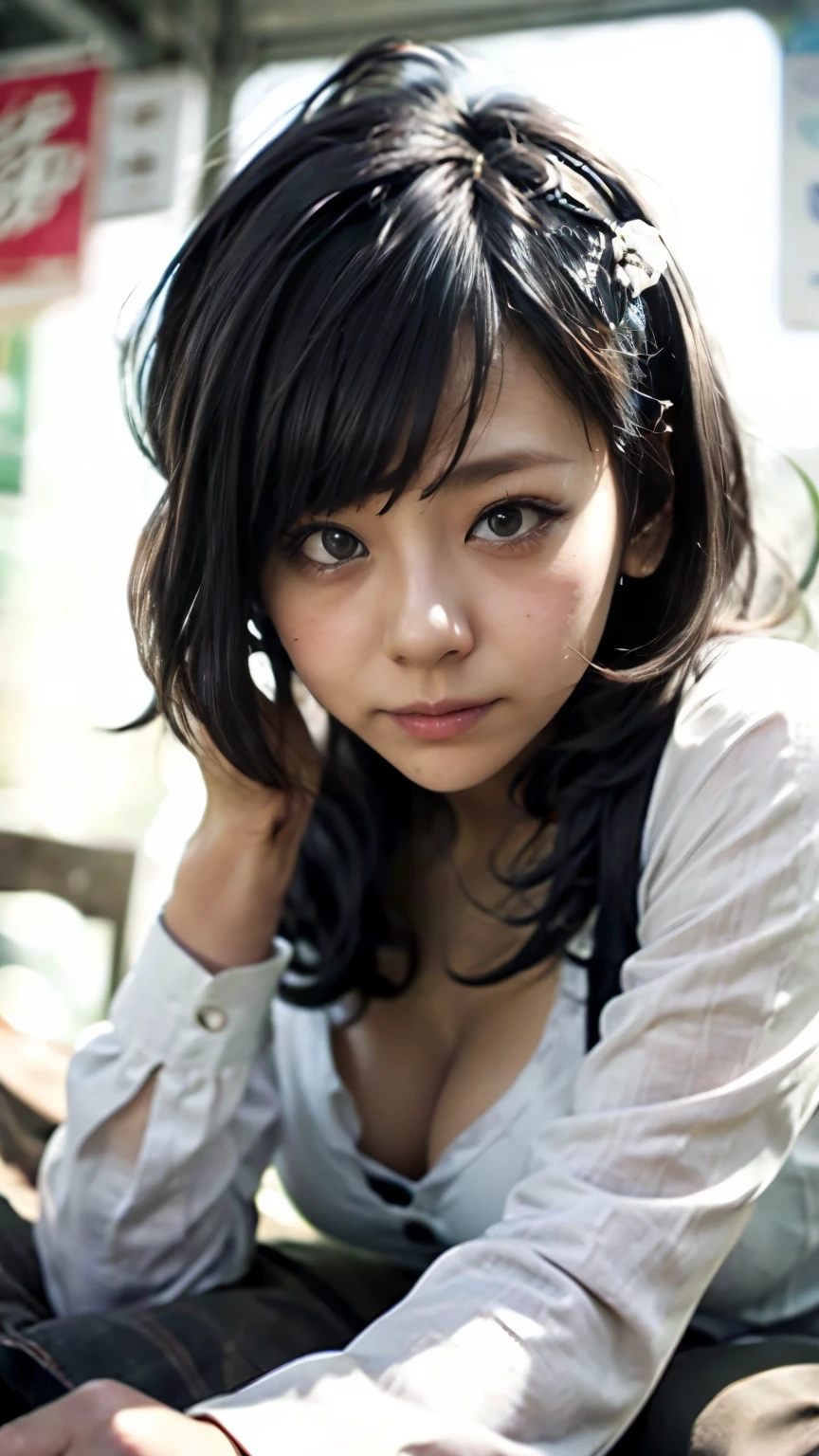 (Realistic、Like a photograph、Live Action、8K, Realistic, RAW Photos, Best image quality: 1.4), Single-lens reflex camera、RAW Photos, Highest quality, Realistic, Very detailedな CG Unity 8K 壁紙, Written boundary depth, Cinematic Light, Lens flare, Ray Tracing, Realistic background、(Gothic ta:1.4、Cleavage、Big Breasts)、((ultra high density skin))、 1 female,Cute Japanese Woman、Tokyo Street、Sit on a bench、((whole body:1.5),Glare:1.1、Medium Hair:1.2、I like that style、stylish、Very detailed、Pay attention to the details、Perfect outfit、(White skin)、Beautiful feet:1.1,View from below