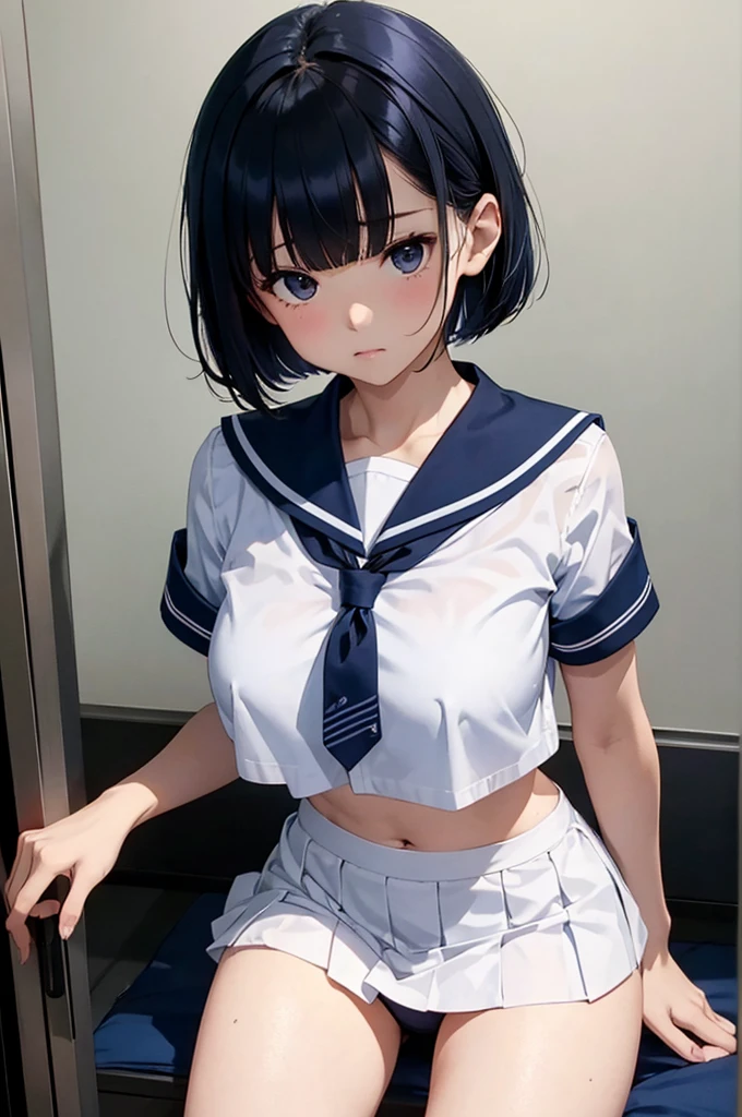 Big Breasts、Toned body、Bare thighs、White panties、(Sailor suit summer uniform、Dark blue micro mini skirt dark blue、White short-sleeved shirt、Dark blue pleated skirt Dark blue、White mesh panties、Dark blue tie dark blue、Navy blue collar fabric Navy blue、White Short Socks)、(Black Hair、Very Short Hair、boyishカット)、Women's High生、boyish、Big Breasts、Women's High、classroom、独奏