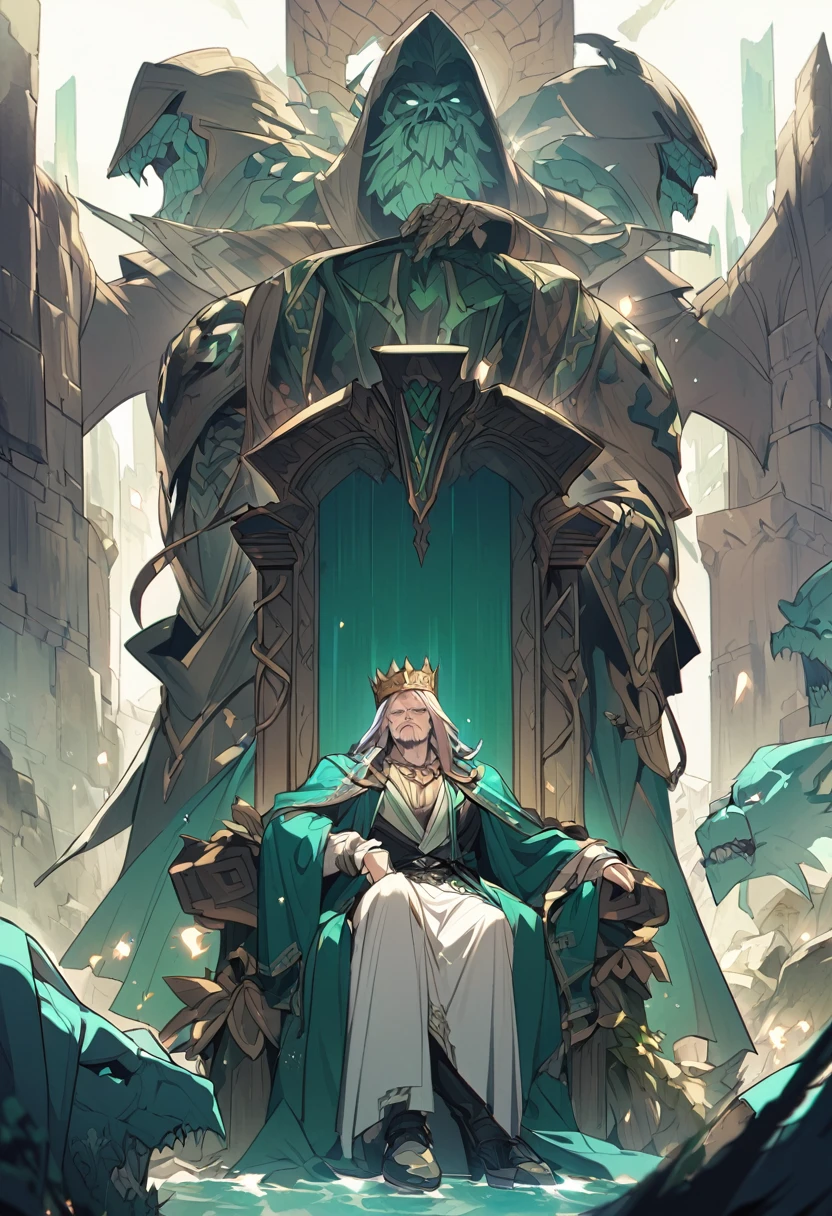 An old king sitting on his throne in agony、Celtic legends、Shakespeare's storybook world、