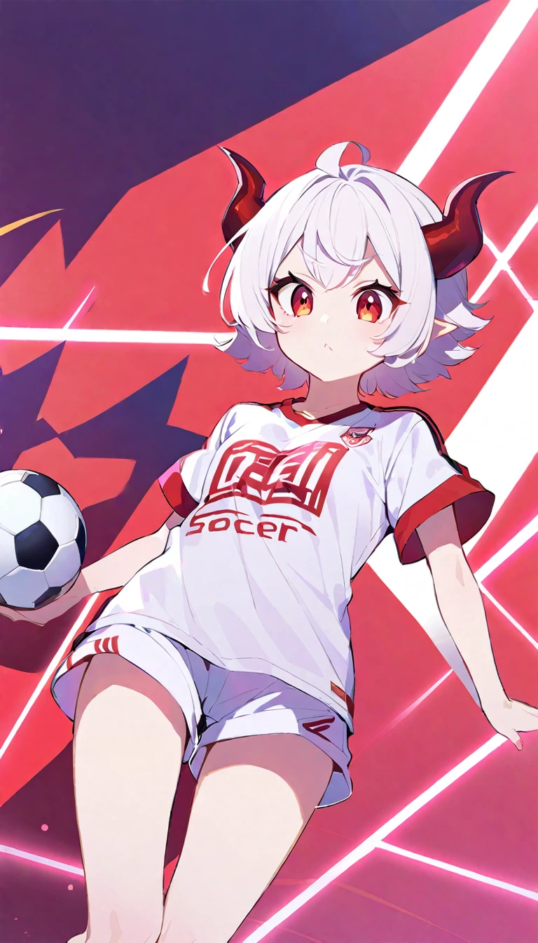 Teenage girl, devil girl, small red horns, white hair, short fluffy hair, big red eyes, pale skin, rosy cheeks, wearing a white deport soccer t-shirt with a red diagonal stripe across the chest, gold lines on the shoulders, white shorts with red lateral lines.