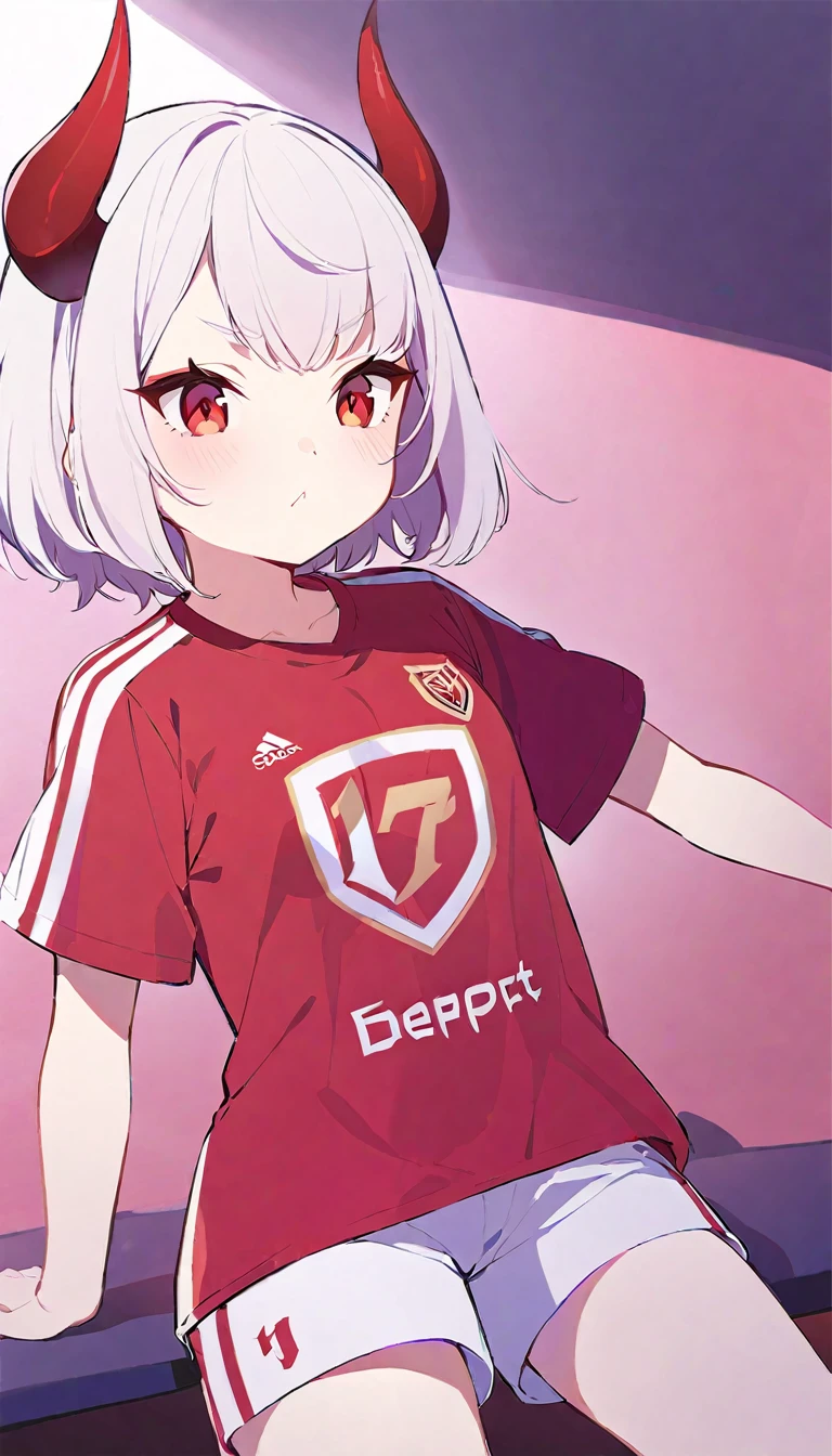 age girl, devil girl, small red horns, white hair, short fluffy hair, big red eyes, pale skin, rosy cheeks, wearing a white deport soccer t-shirt with a red diagonal stripe across the chest, gold lines on the shoulders, white shorts with red lateral lines.
