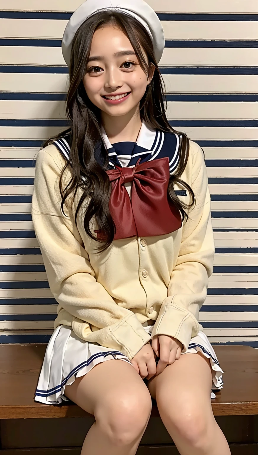 (((cowboy shot))),Ultra-high resolution,big eyes,(brown eyes),Japanese,(forehead),(a girl),(1 girl),(()),(cute),pretty,((facing at viewer)),grin,(((white school sailor uniform))),pleated skirt,(sitting),(thick thighs)