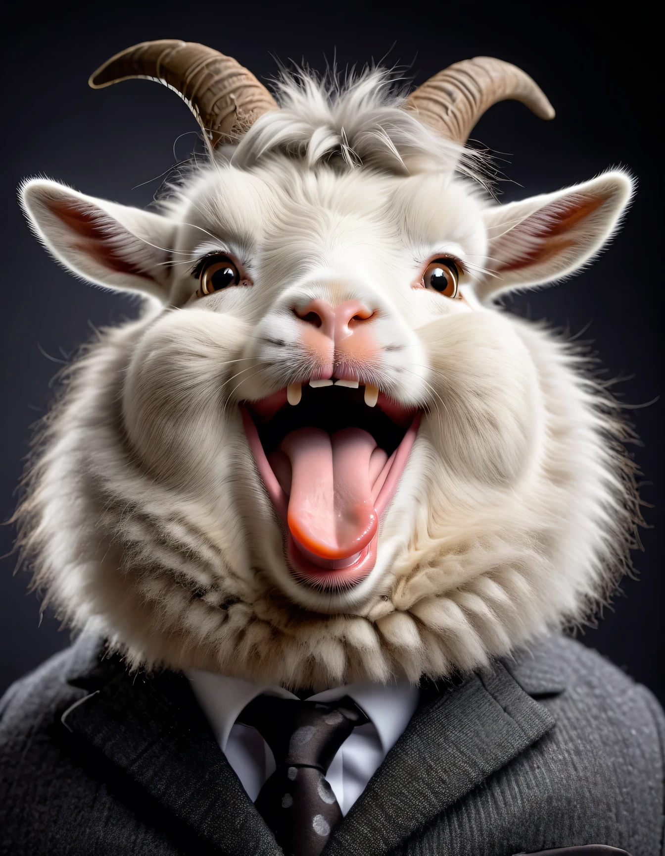 face close up photo of anthropomorphic fat angora goat,(furry), dressed in a dark gray suit, (sticking out tongue:1.5),(happy smile:1.5),(naughty look), roomlighting, Cinematic, hdr, primitive, Intricate, High quality, smoothing tones, Intricate details, Low contrast,(viewed from above:2.0), (looking up to the side:1.8), simple background