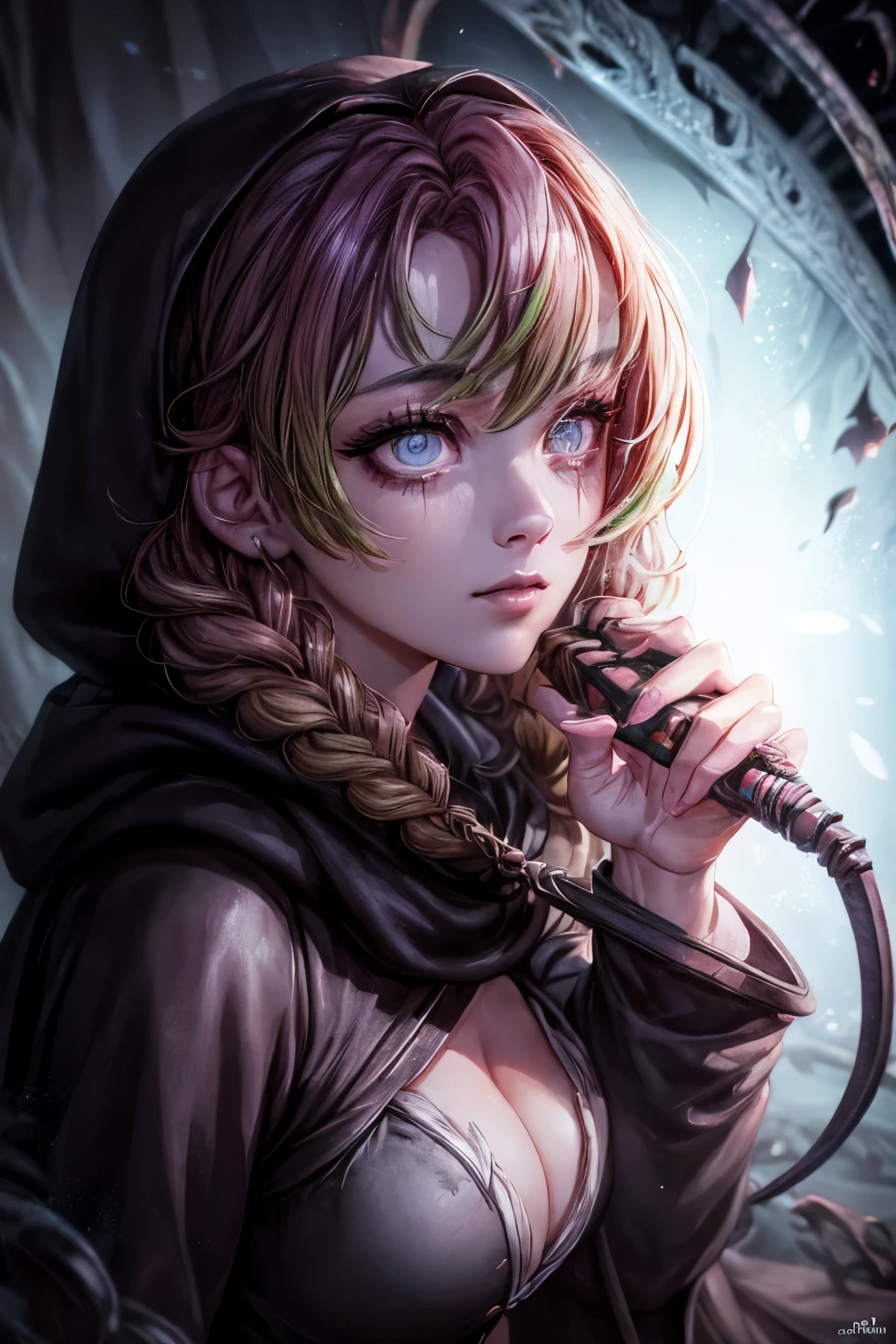 woman in a rogue's cloak, highly mysterious, 1girl, beautiful detailed eyes, beautiful detailed lips, extremely detailed face, long eyelashes, long dark hair, hooded cloak, mysterious expression, dramatic lighting, dark and moody atmosphere, cinematic composition, digital painting, highly detailed, photorealistic, masterpiece, 8k, HDR, chiaroscuro lighting