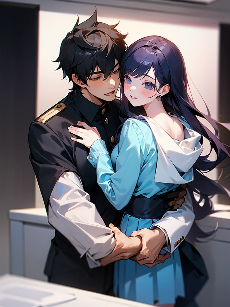 Two women sitting on a man&#39;s knees while the man caresses their hair and they look at him with desire 
