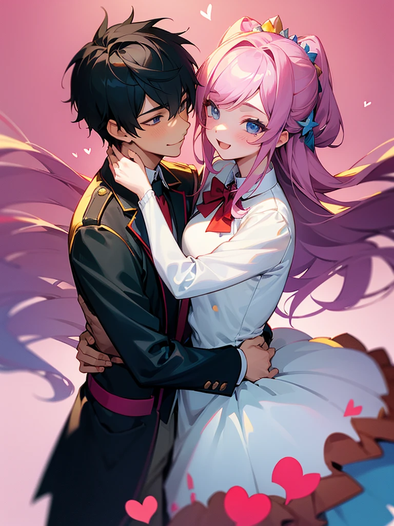 masterpiece (((1 man))) 1 girl (((men and women))) Pink hair Long hair Green eyes Huge breasts (big nipples) NSFW  (orgasm) (heart eyes) uniform blazer ((hug)) ((deep kiss))