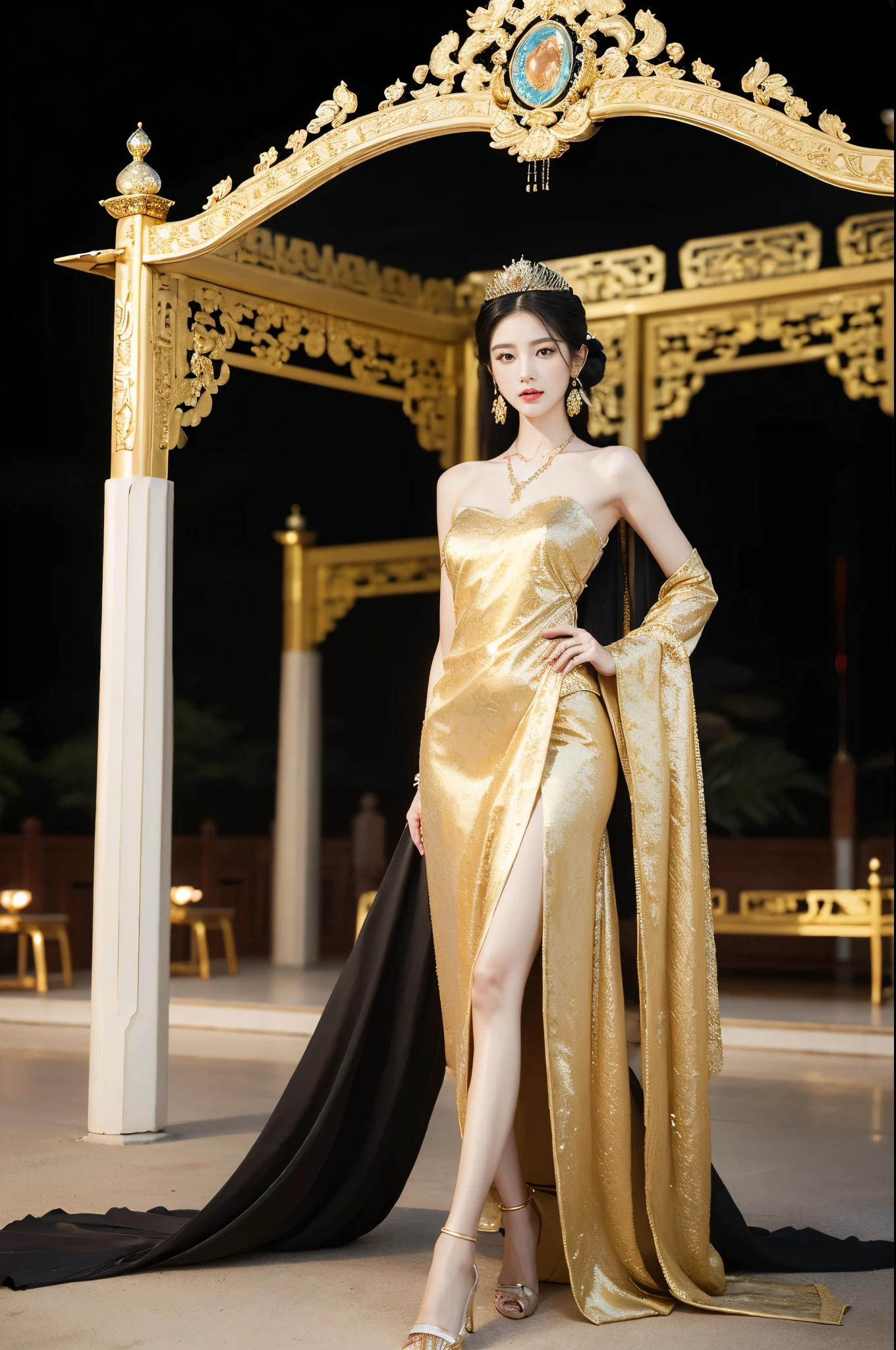 (((best quality))),(((ultra detailed))),(((masterpiece))),illustration,1 girl,solo,slim,thin,shoulder length straight bob hair,earrings,necklace,small breasts,flat chest,slender legs,high heels,Asian appearance,princess,royal,Chinese palace,night scene,magnificent dragon gown,golden crown,intricate embroidery,luxurious fabric,precious stones,metallic throne,decorative patterns,rich decorations,luxurious furnishings,regal charm,beautiful face,gentle smile,bright eyes,historical,traditional,city lights,modernity,frozen moment,beauty of the past,evolution of time,from front,full body,standing,arms behind back