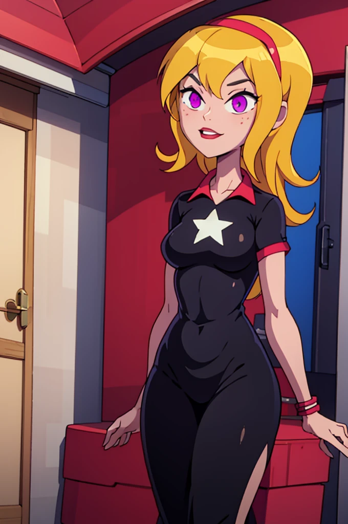 yellow hair, black dress, freckles, lipstick, big , purple eyes, Lucy Mann, big ass, seductive pose, solo, tight outfit, masterpiece, high quality, humanoid