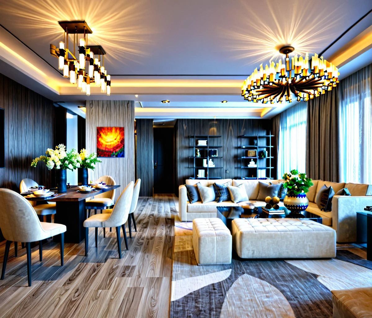 Raw photo, Masterpiece, high quality, best quality, authentic, super detail, interior livingroom, chandeliers, (daylight)