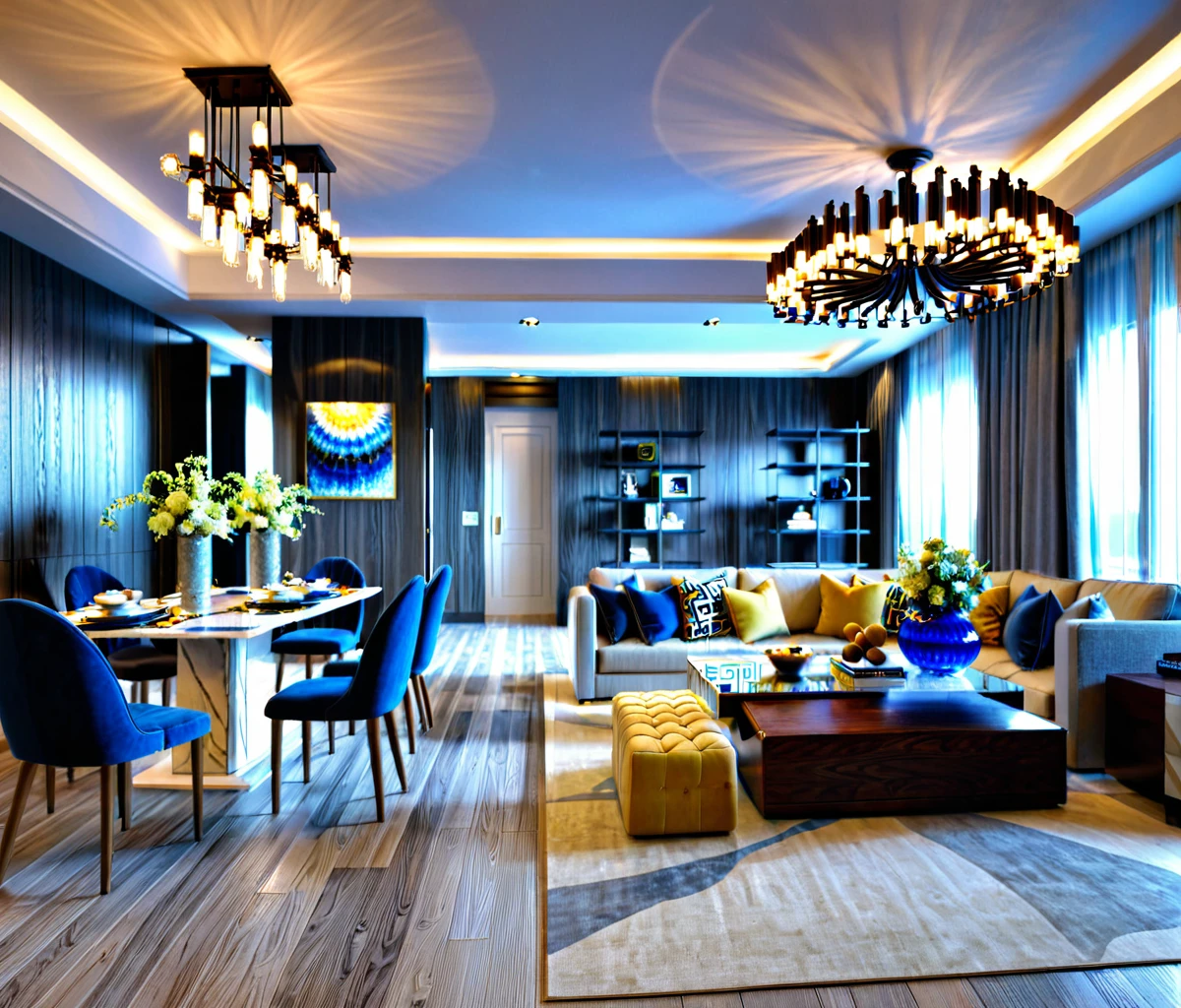 Raw photo, Masterpiece, high quality, best quality, authentic, super detail, interior livingroom, chandeliers, (daylight)