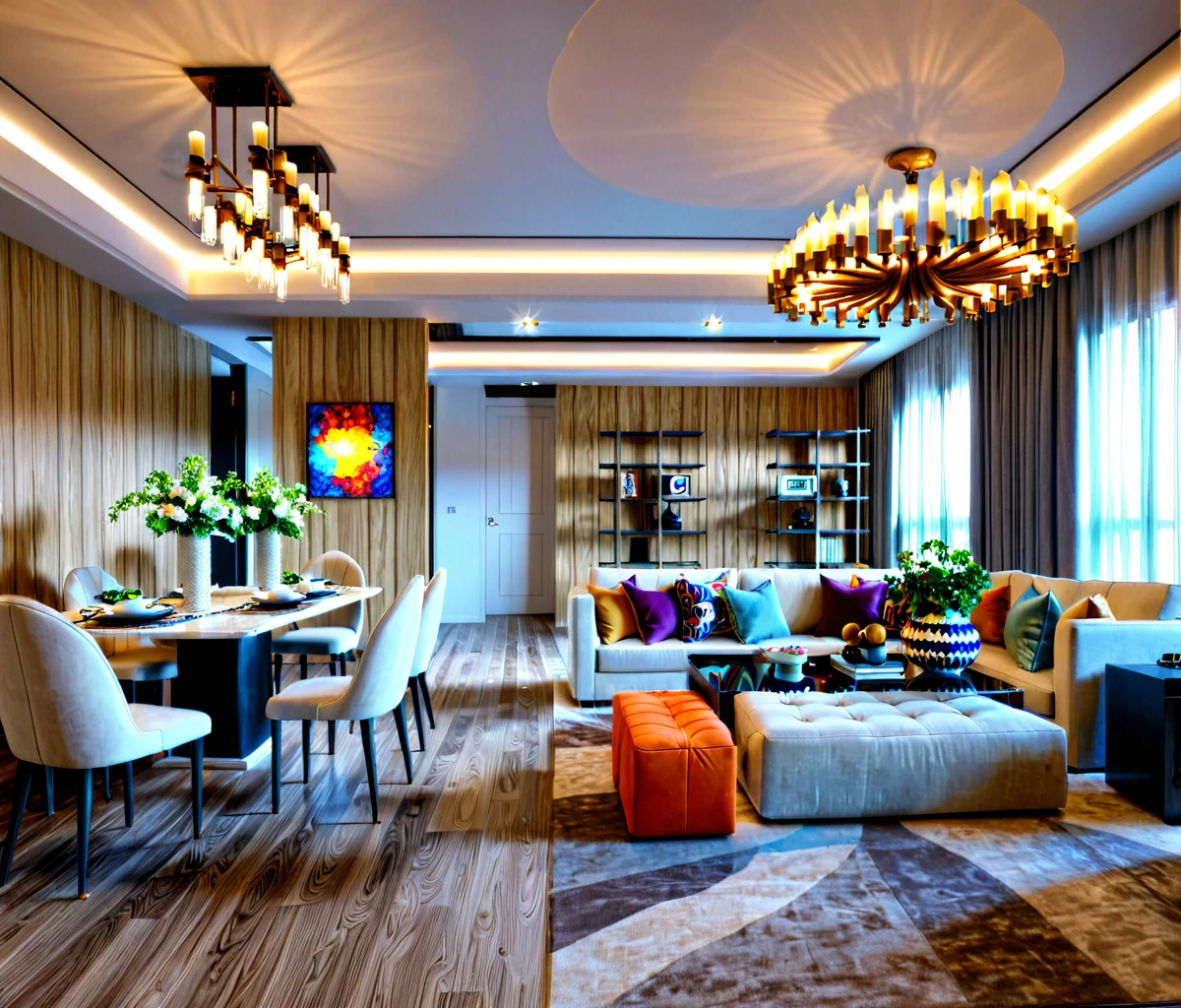Raw photo, Masterpiece, high quality, best quality, authentic, super detail, interior livingroom, chandeliers, (daylight)