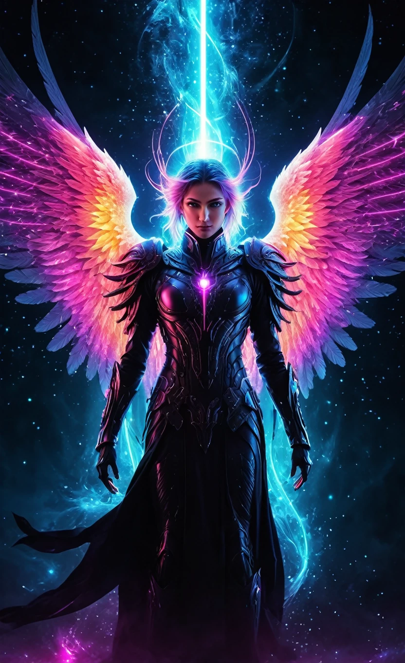 rmx, cosmic fallen angel, glowing light eyes, Biomechanicals, weirdcore, frightful, nightmarish, very bright colors, light particles, with bright light, Mshiff, Wallpaper Art, UHD Wallpaper